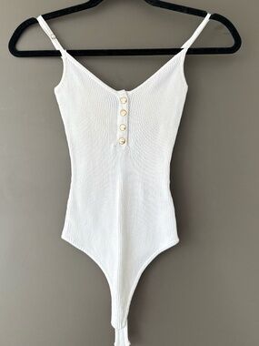 White Ribbed Bodysuit with Gold Buttons Size S Button Closure